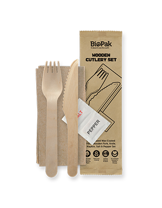 16cm Wood knife, Fork, Napkin, Salt & Pepper Set