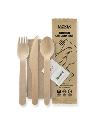 16cm Wood Knife, Fork, Spoon, Napkin, Salt & Pepper Set